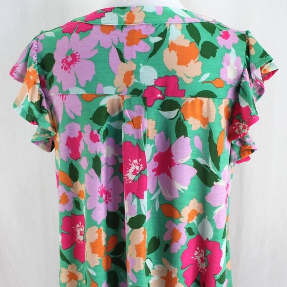 Dear Scarlett Lizzy Flutter Sleeve Top Womens Sz L Multi Color Floral Split Neck - Picture 6 of 7